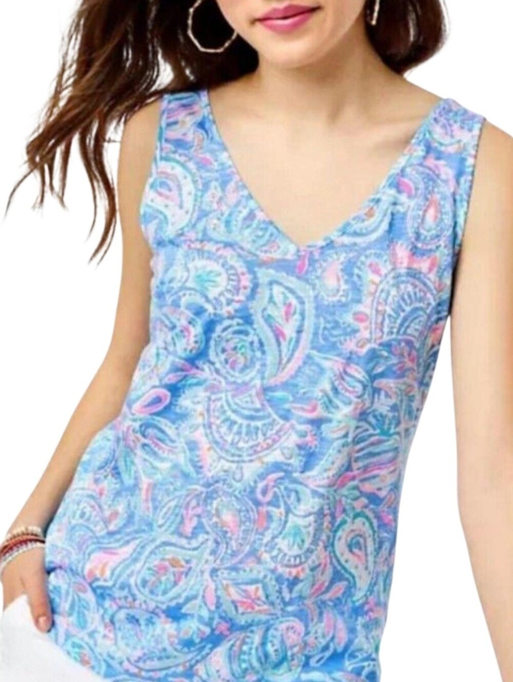 Lilly Pulitzer Blue Paisley V-Neck Tank‎ Top Size Large